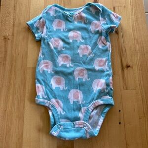 Carters Baby turquoise onesie w/white & pink elephants.